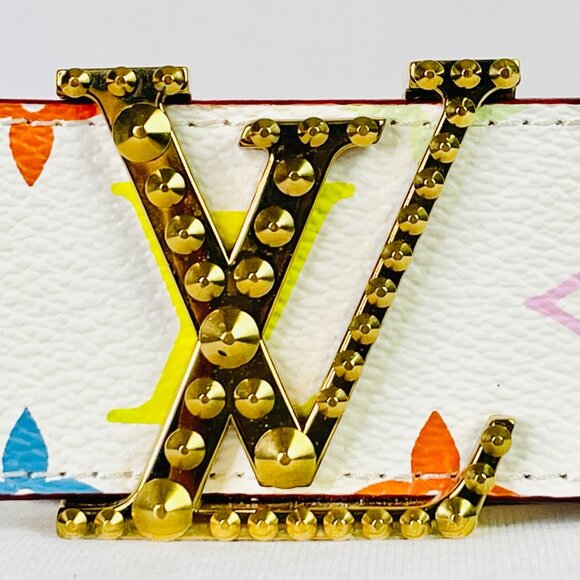 LOUIS VUITTON Murakami Monogram Multicolor Studded LV Initiales Belt 90 36 White - Picture 5 of 15
